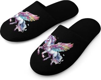 Generic Flying Colorful Horse Mens Flannel Slipper Soft Non Slip House Shoes Comfy Winter Warm Indoor Outdoor Slippers