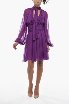 Dolce & Gabbana Flared Tie-Neck Silk Dress with Deep V-Neck Dolce & Gabbana