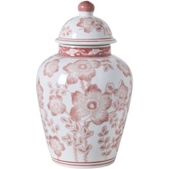 Beliani Flower Vase with Lid White and Red Lidded Ginger Jar Porcelain Decorative Table Accessory Antique Vintage MOGUER