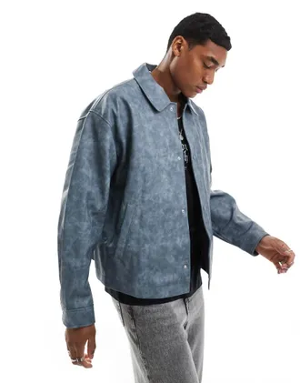 Asos oversized faux leather washed harington jacket in blue