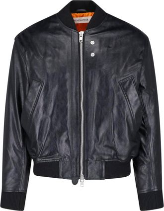 Sunflower Black Leather Ribbed Details Bomber Jacket