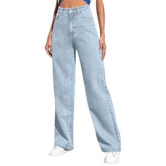 Generic Wide Leg Jeans for Women UK High Waist Pull On Denim Trousers Baggy Stretch Straight Comfy Palazzo Trousers Loosefit Y2K Boyfriend Denim Pants with Po