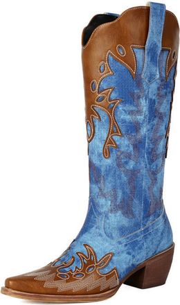 Generic Womens Pointed Toe Western Cowboy Boots Pull on Long Boots with Embroidery Stitched Chunky Heel Mid-Calf Boot,Blue,7.5 UK