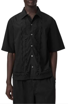 AllSaints Field Eyelet Detail Short Sleeve Button-Up Shirt in Jet Black at Nordstrom, Size X-Small