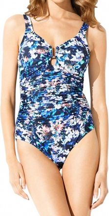 Badgley Mischka Floriana V-Neck Shirred U-Wire One Piece Swimsuit In Bad Floriana