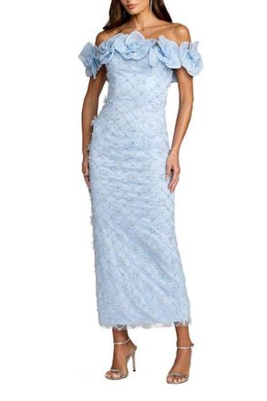 Mac Duggal Off The Shoulder Embellished Dress With 3D Flower Detail in Powder Blue at Nordstrom, Size 10
