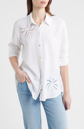 Rails Samar Eyelet Embroidered Linen Blend Button Up Shirt in White Palm Embroidery at Nordstrom, Size Xx-Large