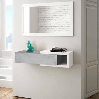Dmora Mueble De Entrada Con Caj&oacute;n Y Espejo, Color Cemento Y Blanco, Mueble 95 X 19 X 26 Cm Espejo 95 X 50 X 2 Cm Caj&oacute;n 71 X 10 X 25 Cm, Con Embalaje Reforza