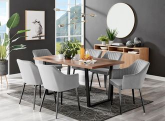Furniturebox Kylo Large Brown Wood Effect Dining Table & 6 Calla Black Leg Velvet Chairs in Grey