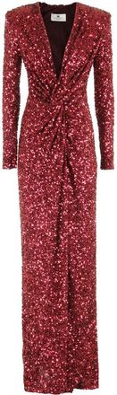 Elisabetta Franchi Bordeaux Sequin Evening Dress With Padded Shoulders