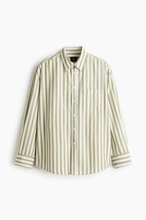 H&M Relaxed Fit Poplin Shirt in Khaki Green/striped at Nordstrom, Size Xx-Large