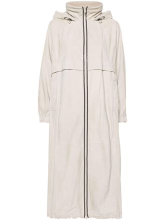 Brunello Cucinelli hooded suede trench coat - women - Silk/Acetate/Leather - 38 - Neutrals
