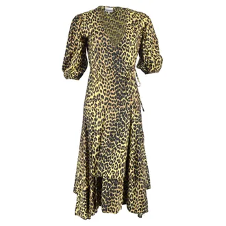 Ganni Ganni Leopard Print Midi Wrap Dress in Brown Cotton