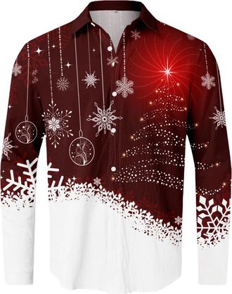 Generic Mens Christmas Shirt Xmas Holiday Party Dress Shirts Long Sleeve Snow Print Christmas Tree Shirt (UK, Alpha, 3XL, Regular, Regular, 14)