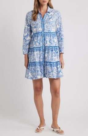 Lilly Pulitzer Angie Long Sleeve Tiered Cotton Shirtdress in Coconut Unforgettable at Nordstrom, Size 14