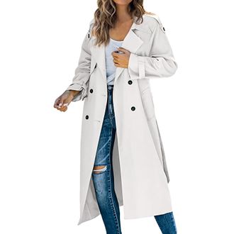 Generic Womens Long Trench Coats Open Front Casual Pockted Windproof Transitional Overcoat Lapel Lightweight Plus Long Sleeve Jacket White XXL