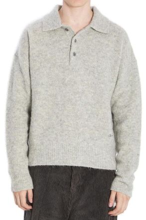Ami Light Grey Knit Sweater With Polo Collar And Three-Button Placket