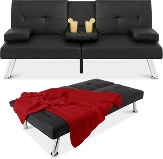 Best Choice Products Modern Faux Leather Convertible Futon Sofa w/ Removable Armrests, 2 Cupholders