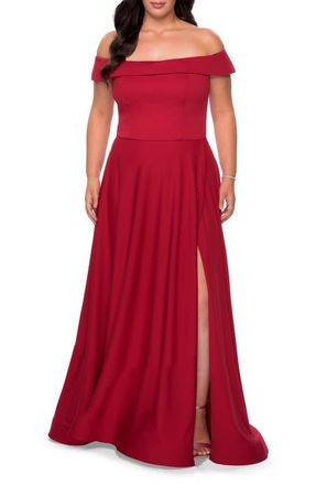 La Femme Off The Shoulder Plus Size Dress with Leg Slit in Red at Nordstrom, Size 12W