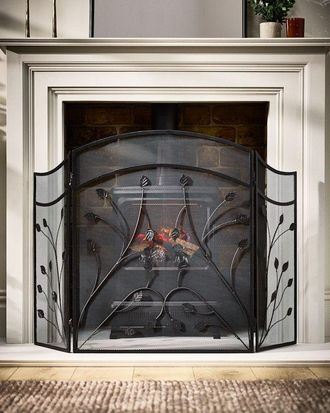 Dibor Vintage Style Leaf Vine Black Three Fold Fireplace Guard Fire Screen Guard H60cm x W100cm