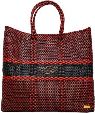 Lola's Bag Womens Medium Woven Striped Shoulder Strap Tote Bag In Red/black