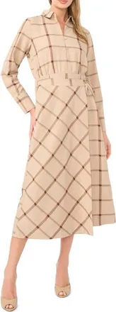 Vince Camuto Windowpane Plaid Long Sleeve Wrap Skirt Shirtdress in Fall Camel at Nordstrom, Size Xx-Small