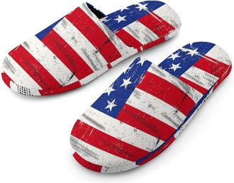 Generic US Distressed Flag Mens Slippers Flannel Warm House Shoes with Rubber Anti-Slip Sole Slip On for Home Outdoor