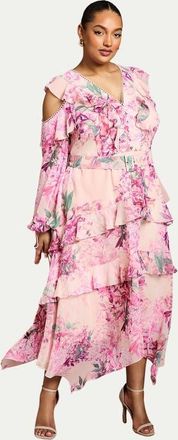 Coast Shoulder Printed Ruffle Midi Dress in Pink at Nordstrom, Size 14
