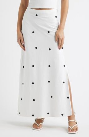 Open Edit Linen Blend Column Maxi Skirt in White- Black Grande Dot at Nordstrom, Size Xx-Small