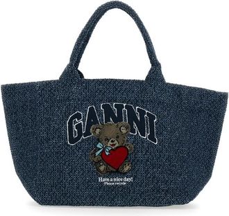 Ganni Blue Shopper With Lettering Logo And Teddy Bear On Front In Cotton Woman