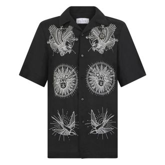 Philipp Plein Overhemden, Heren, Zwart, 4Xl, Linnen, Linnen Bowling Shirt Tattoo Embroidery