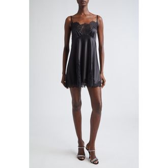 Dolce & Gabbana Lace Trim Stretch Satin Minidress in Nero at Nordstrom, Size 10 Us