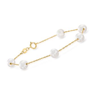 Ross-Simons 6.5-7mm Cultured Pearl Station Bracelet in 14kt Yellow Gold