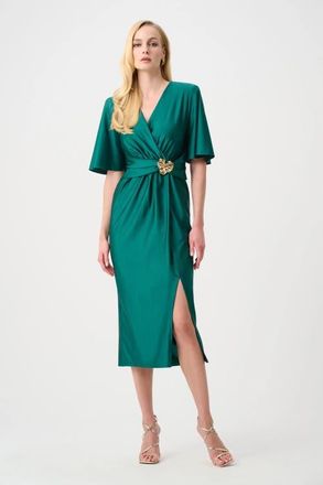 Joseph Ribkoff Satin Knit Wrap Dress With Ruched Waistband in Opulent Green at Nordstrom, Size 12
