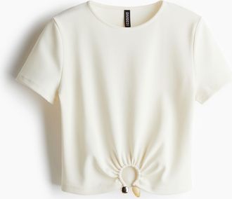 H&M Geripptes T-Shirt mit Perlendetail - White