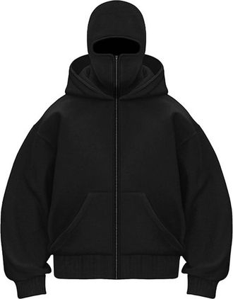 Generic Unisex Full Zip Balaclava Hoodie - Oversized Sweatshirt for Daily, Outdoor, Active Sports & Streetwear (Black, 2XL)