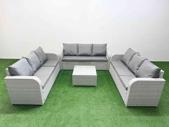 Fimous PE Rattan Lounge Sofa Set 9 Seater Outdoor Garden Furniture Set with Square Coffee Table 3 Seater Sofa Light Grey