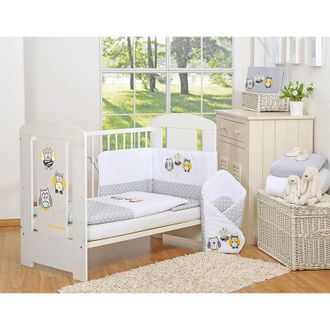 OEM Juego De Cama Infantil 120x90cm Con Protector De 3 Piezas, B&uacute;hos Grises, Con Bordados Grises Y Amarillos
