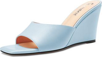 Castamere Women Mid Wedge Heel Open Toe Slip-on Mules Shoes Sandals Casual Party 8 CM Heels Light Blue 6 UK