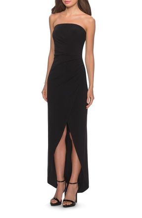 La Femme Long Strapless Jersey Dress with Side Ruching in Black at Nordstrom, Size 14