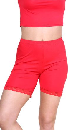Janisramone Womens Scallop Lace Trim Cycling Shorts Stretchy Elasticated Waist Skinny Fitness Yoga Gym Shorts, Stylish Women Activewear Summer Hot Pants Red