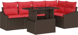 vidaXL Conjunto De Sof&aacute; De Jard&iacute;n 6 Uds. Marr&oacute;n Y Rojo Rat&aacute;n Sint&eacute;tico Vidaxl