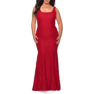La Femme Stretch Lace Plus Size Gown with Beading in Red at Nordstrom, Size 12W