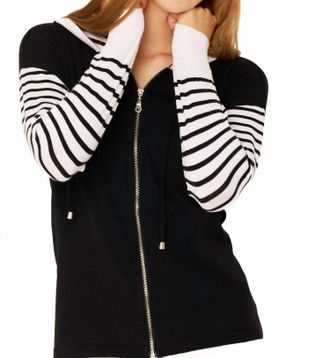 French Kyss Stripe Sleeve Zip Up Hoodie In Black/white