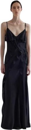 Erika Cavallini Semi Couture Abito Lungo In Seta Con Bretelle Sottili - Dames - Maxi kleedjes - Zwart - M - Kleedjes