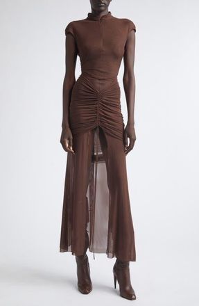 Kim Shui Anai Ruched Stretch Mesh Dress in Brown at Nordstrom, Size Medium