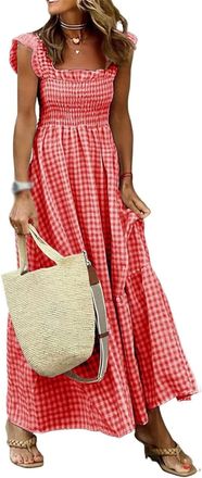 Generic Womens Retro Plaid Smocked Dress Spaghetti Strap Flounce Long Dress, Square Neck Flowy A-line Boho Beach Sundress (Red,S)