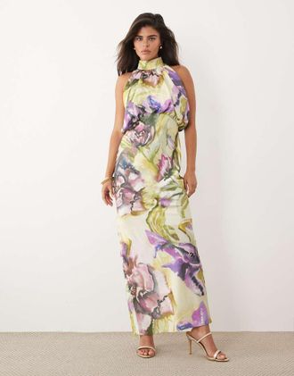 Asos Vestito lungo sblusato allacciato al collo in raso con stampa floreale effetto dipinto-Multi