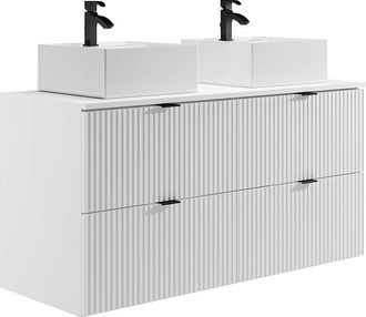 Vente-Unique Mueble de baño suspendido estriado con lavabo sobre encimera cuadrado - Blanco mate - 120 cm - ZEVINI