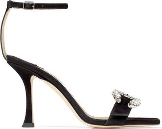 Jimmy Choo London Marsai 90 Suede Crystal-Buckle Sandals, Brand Size 40 ( US Size 10 )